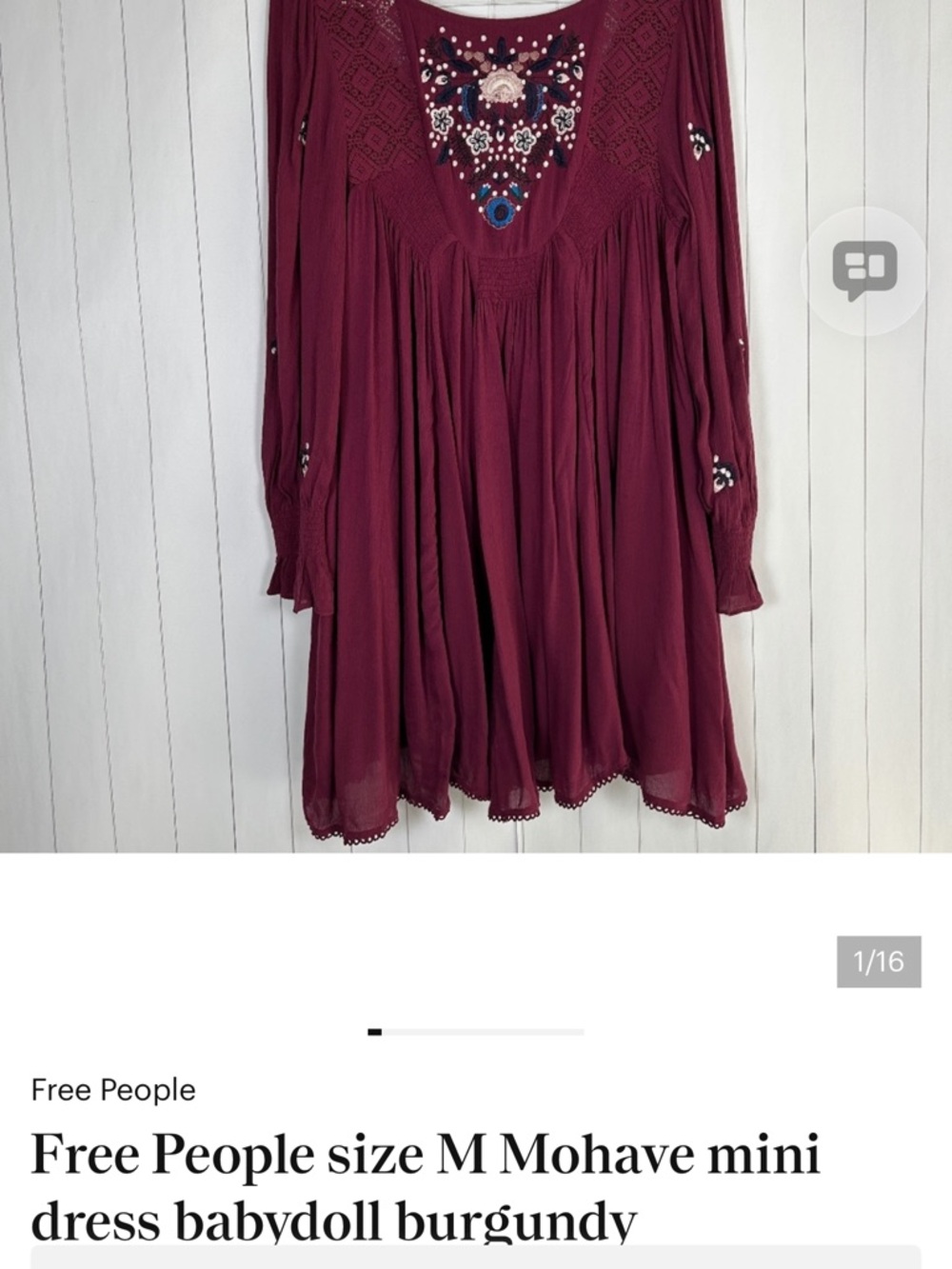 Free People size M Mohave mini dress babydoll burgundy embroidered western NEW